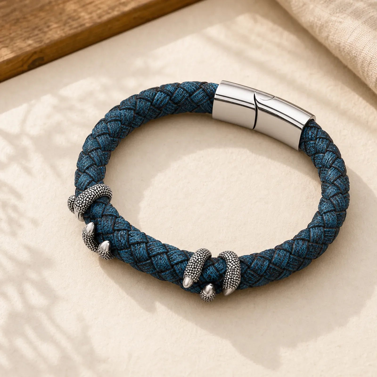 Braided Leather Dragon Claw Strength Stainless Steel Bracelet featuring Dragon, The Phoenix, Phoenix