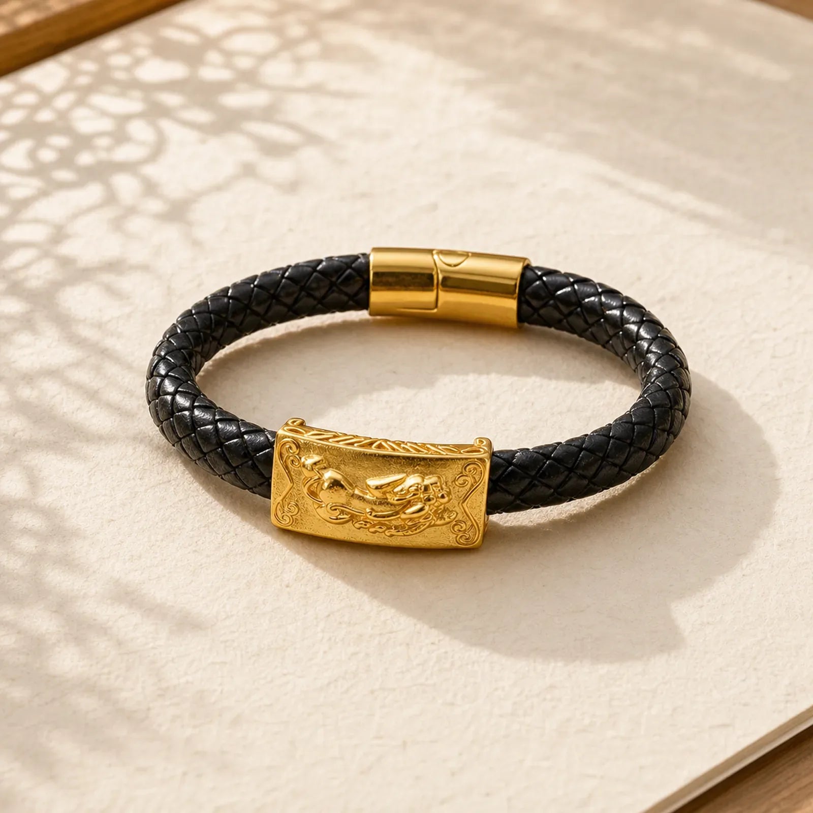 Braided Leather Pi Xiu Fu Character Wealth Bracelet featuring Pixiu, Fu Character, Copper