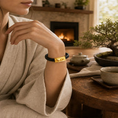Braided Leather Pi Xiu Fu Character Wealth Bracelet featuring Pixiu, Fu Character, Copper