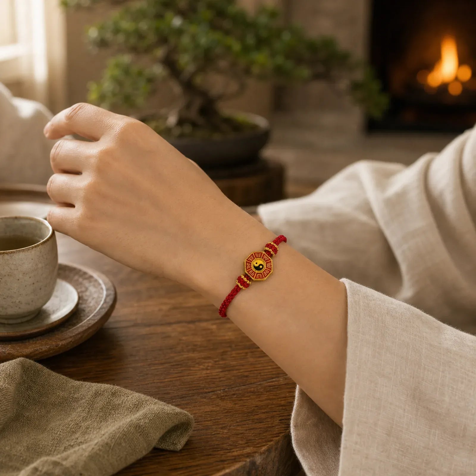 Braided Red String Bagua Chinese Coin Protection Adjustable Bracelet featuring Red String, Bagua, Copper
