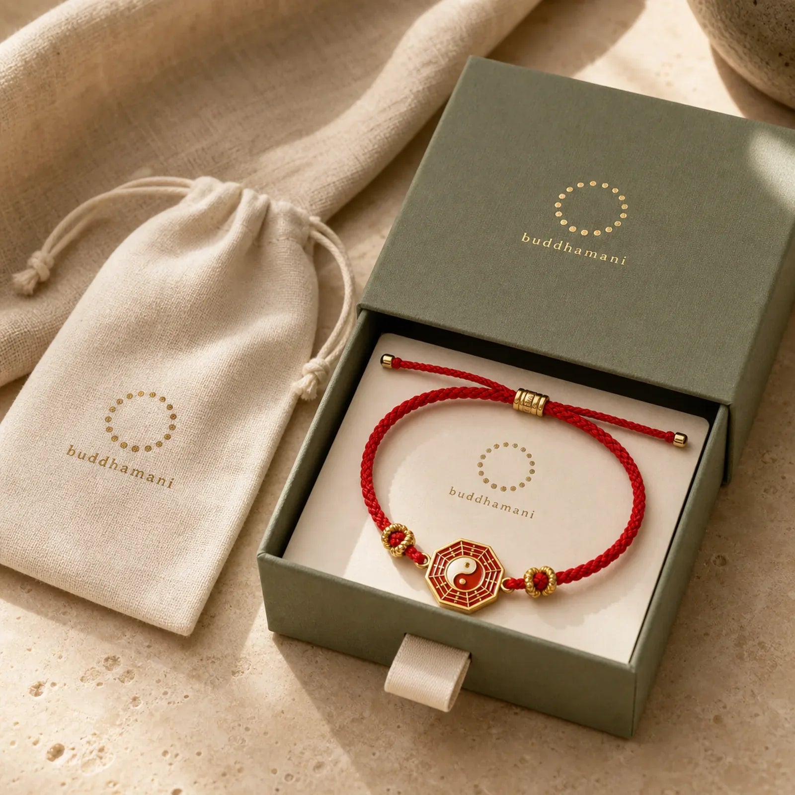 Braided Red String Bagua Chinese Coin Protection Adjustable Bracelet featuring Red String, Bagua, Copper