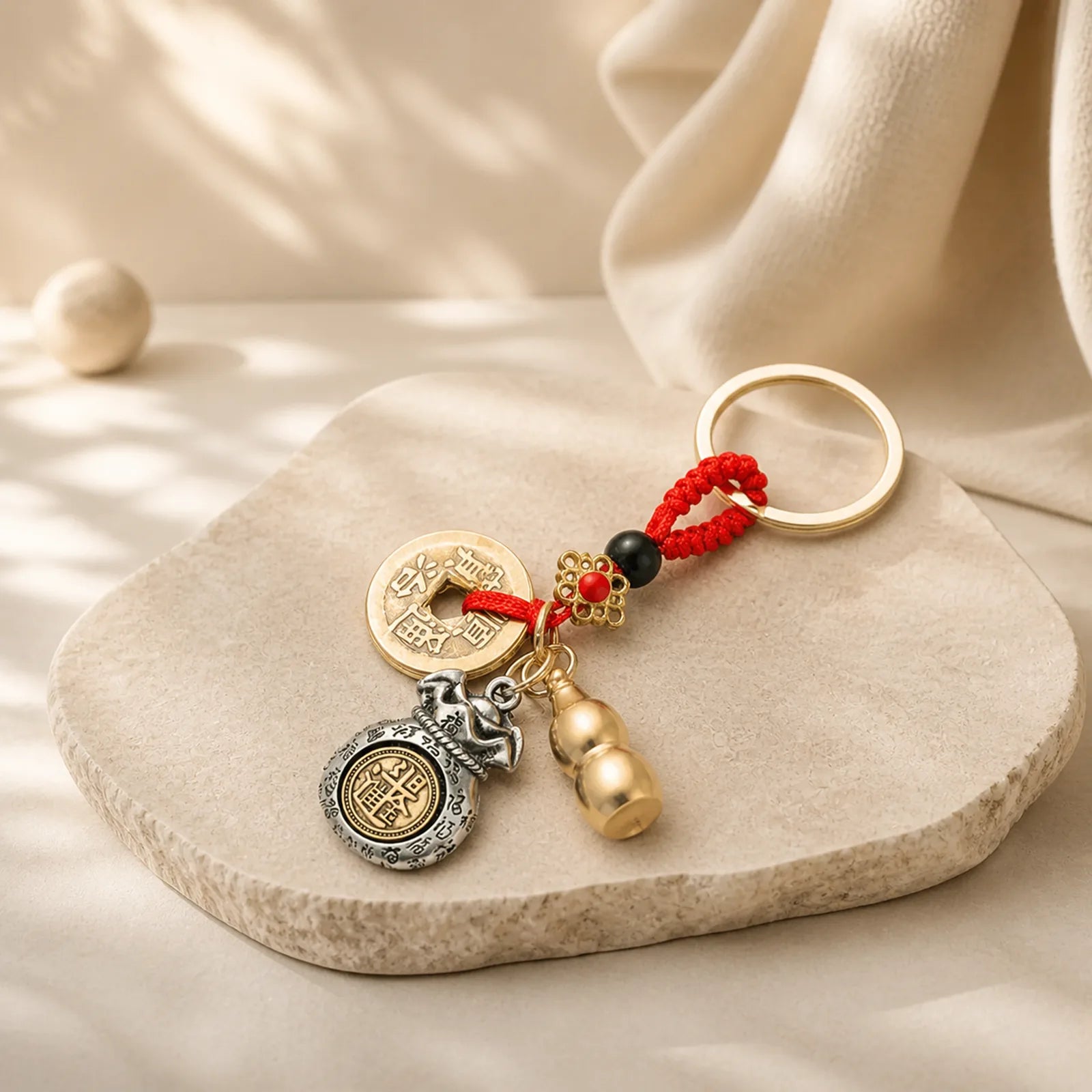 Braided Red String Chinese Zodiac Five Emperor Coins Protection Keychains featuring Red String, Five Emperor Coins, Dragon