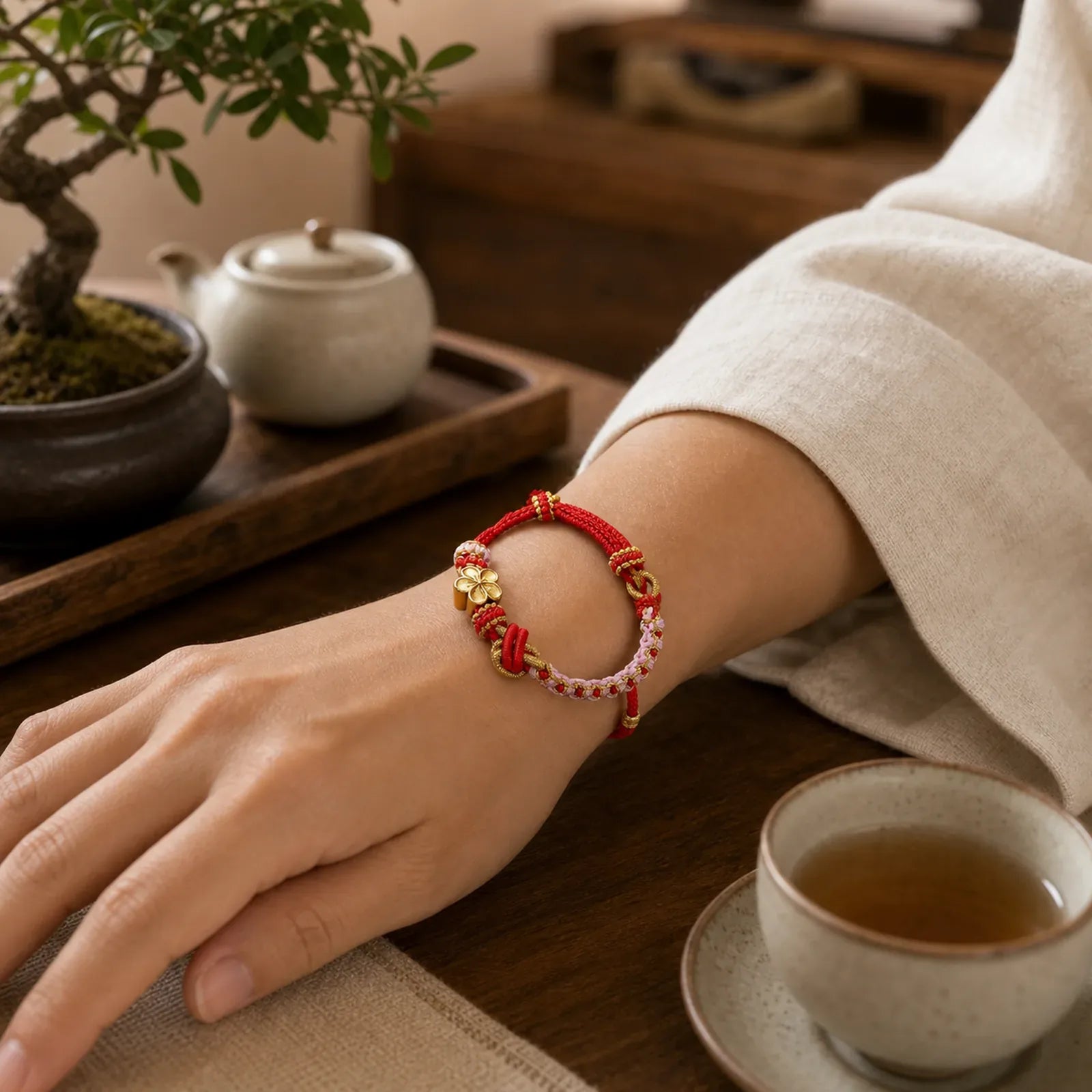 Braided Rope Knot Adjustable Bracelet featuring Red String
