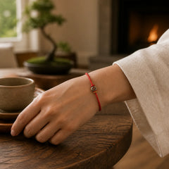 Braided String 925 Sterling Silver Fu Character Faith Bracelet featuring Silver, Fu Character, Red String