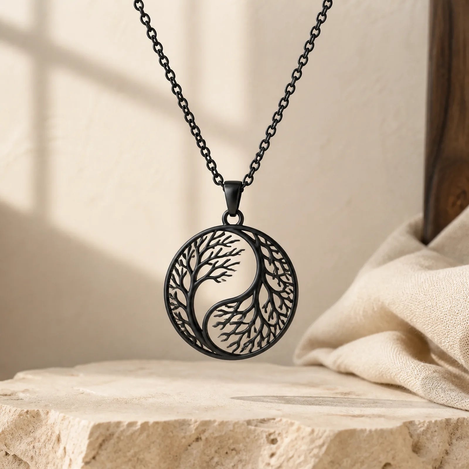 Branches Hollow Yin Yang Design Stainless Steel Balance Necklace Pendant featuring Yin Yang Symbol