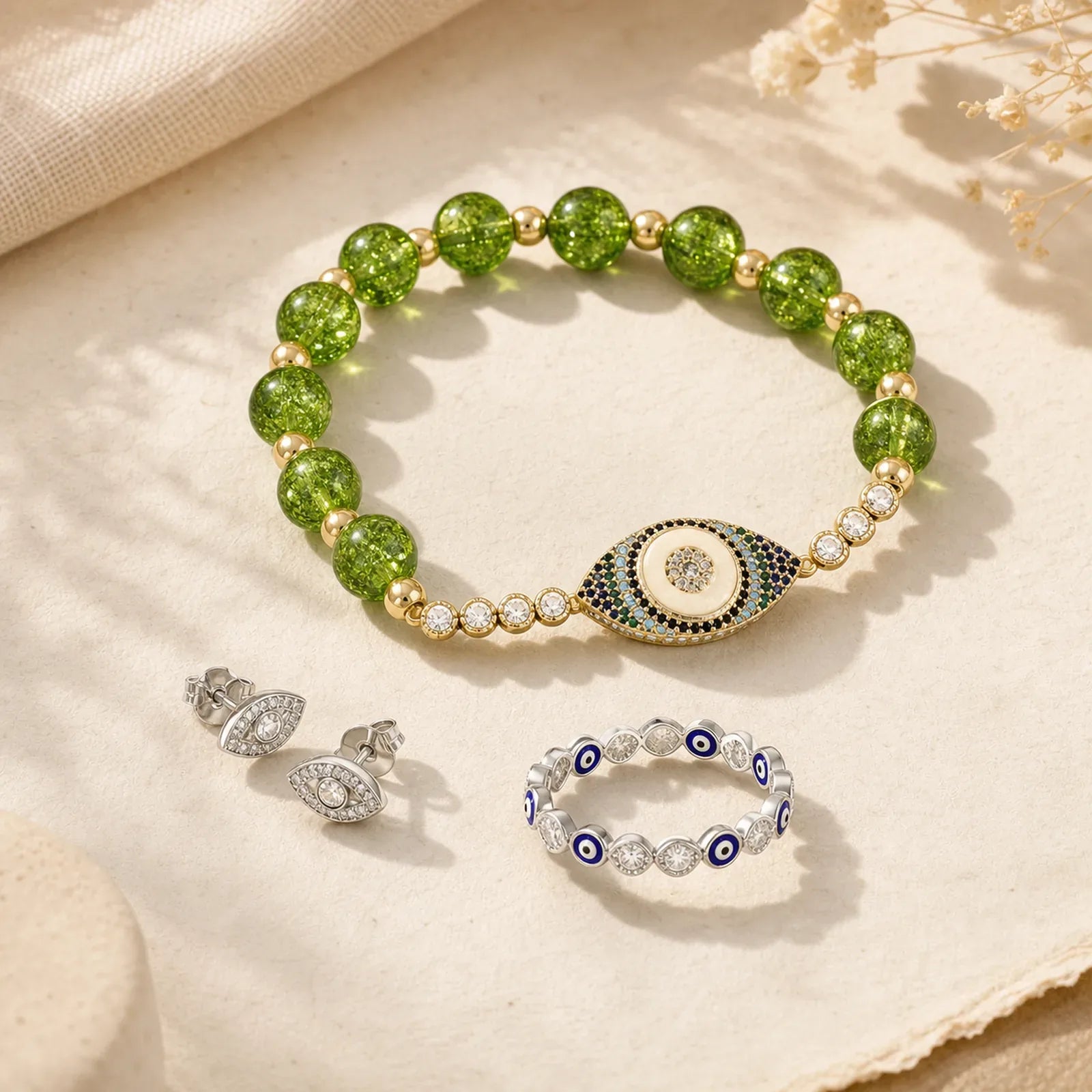 Bring Infinite Good Fortune Evil Eye Bundle featuring Evil Eye, Peridot, Silver