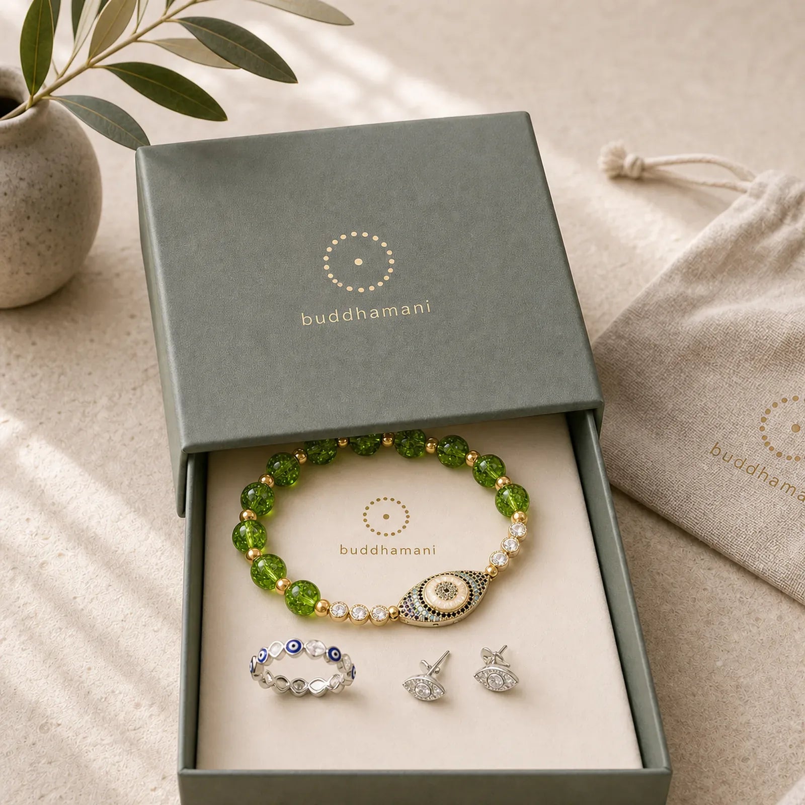 Bring Infinite Good Fortune Evil Eye Bundle featuring Evil Eye, Peridot, Silver