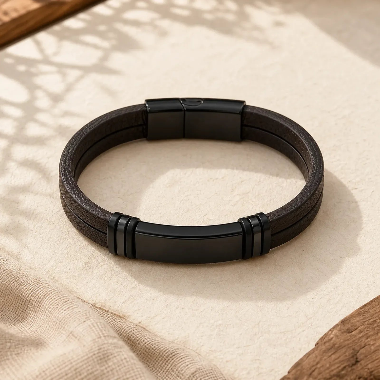 Brown Leather Titanium Steel Buckle Balance Bracelet featuring Titanium Steel