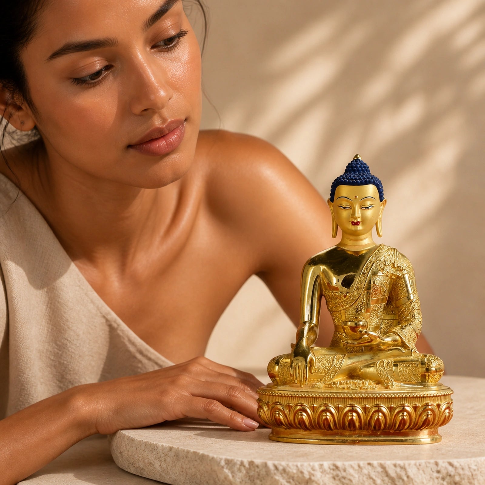 Buddha Shakyamuni Figurine Enlightenment Copper Statue Home Offering Decoration featuring Copper, Buddha Symbol