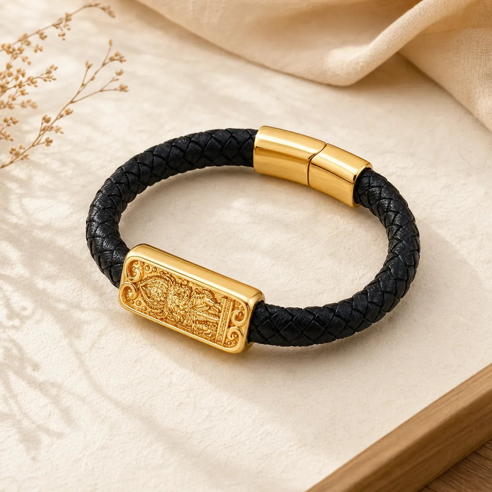 Buddha Symbol Titanium Steel Leather Strengthen Bracelet featuring Buddha Symbol, Titanium Steel