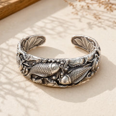 Buddha Stones Koi Fish Lotus Luck Wealth Bracelet Bangle featuring Koi Fish, Lotus, Yin Yang Symbol