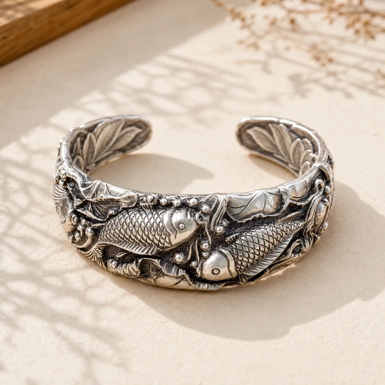 Buddha Stones Koi Fish Lotus Luck Wealth Bracelet Bangle featuring Koi Fish, Lotus, Yin Yang Symbol