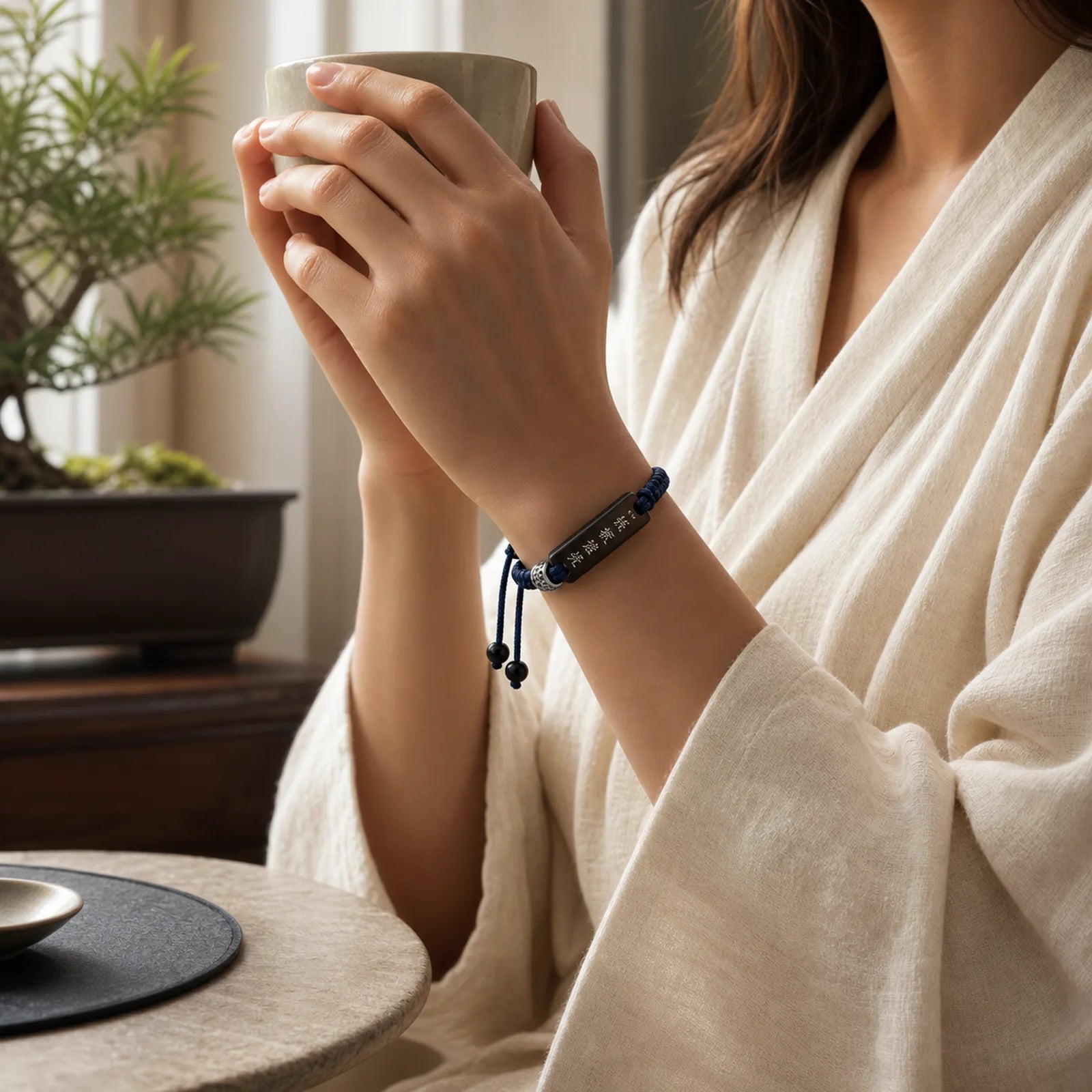 Buddhism Six True Words Wood Ebony Wood Silver Inlaid Protection Bracelet featuring Ebony Wood, Ebony, Silver