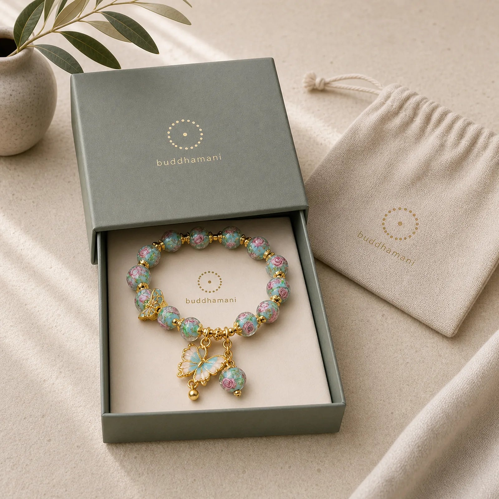 Butterfly Charm Rose Flower Liuli Bracelet featuring Butterfly, Five Elements, Feng Shui Butterfly