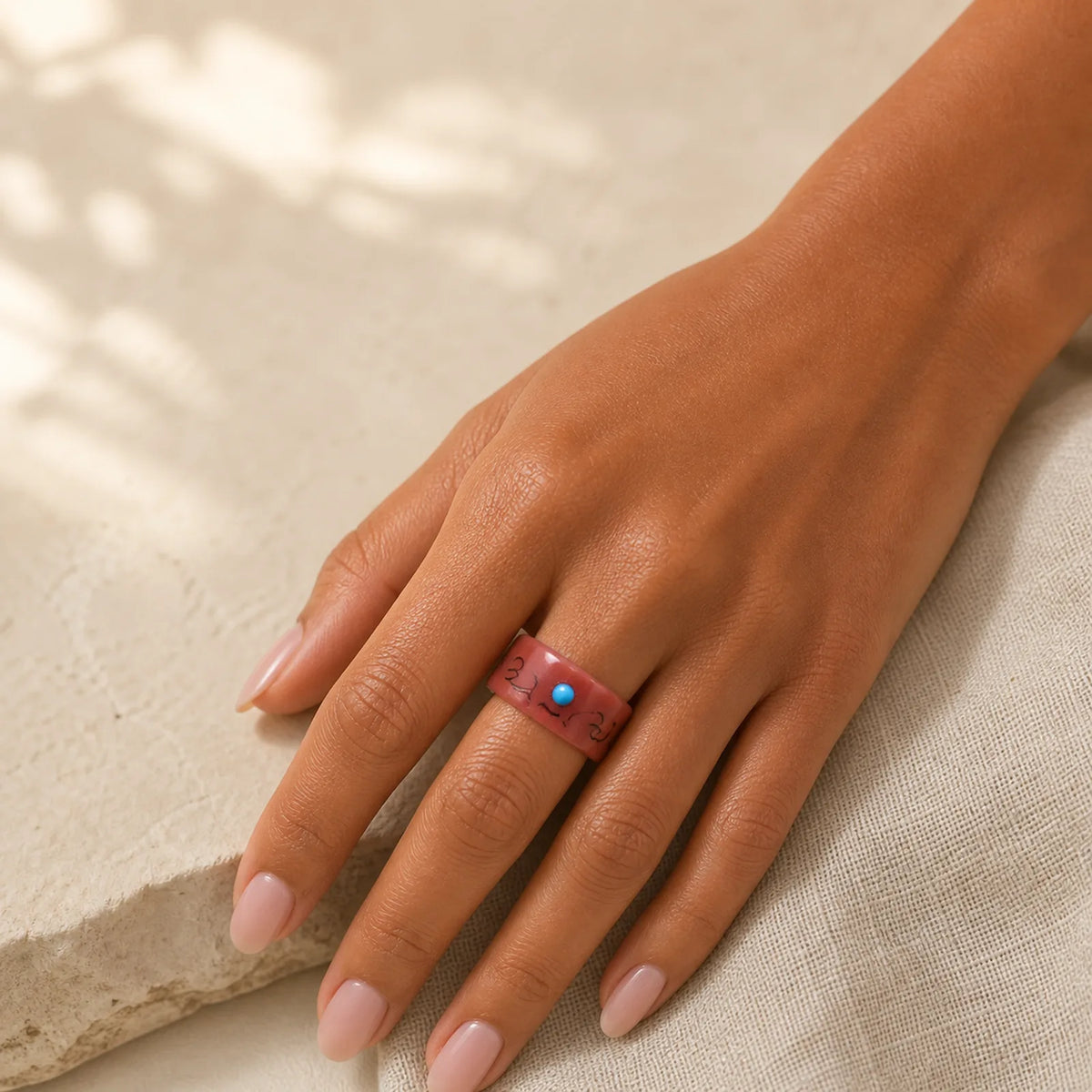 Camel Bone Om Mani Padme Hum Carving Protection Ring featuring Camel Bone, Om Mani Padme Hum, Om