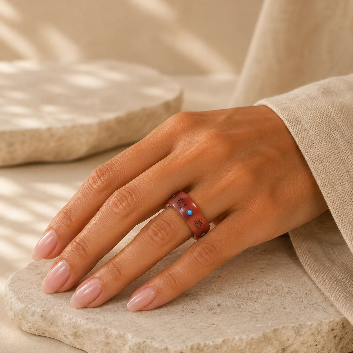 Camel Bone Om Mani Padme Hum Carving Protection Ring featuring Camel Bone, Om Mani Padme Hum, Om