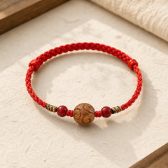 Carved Auspicious Pattern Natural Peach Wood Rope Luck Bracelet featuring Peach Wood, Red String, Cinnabar