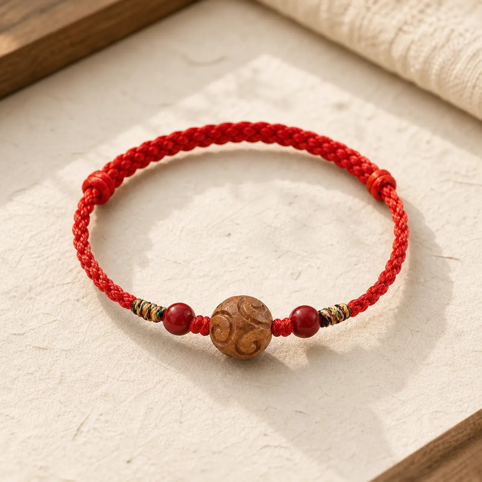 Carved Auspicious Pattern Natural Peach Wood Rope Luck Bracelet featuring Peach Wood, Red String, Cinnabar