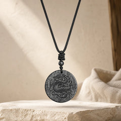 Carved Dragon Pattern Authentic Shungite Stone Inner Strength Necklace Pendant featuring Dragon, Shungite Stone (Graphite Stone), The Phoenix