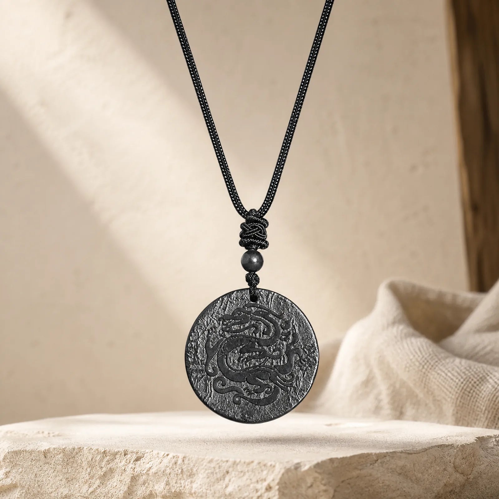 Carved Dragon Pattern Authentic Shungite Stone Inner Strength Necklace Pendant featuring Dragon, Shungite Stone (Graphite Stone), The Phoenix
