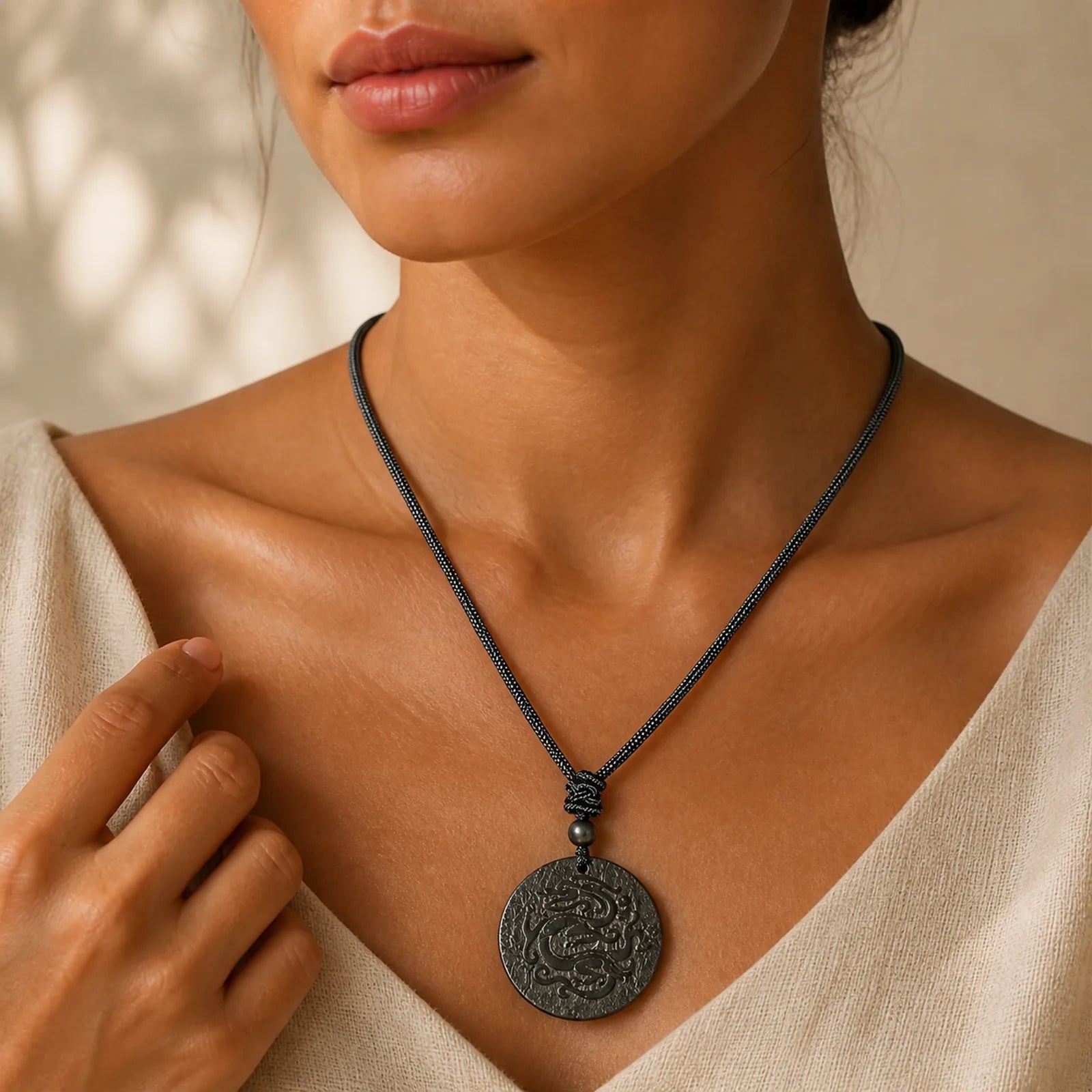 Carved Dragon Pattern Authentic Shungite Stone Inner Strength Necklace Pendant featuring Dragon, Shungite Stone (Graphite Stone), The Phoenix