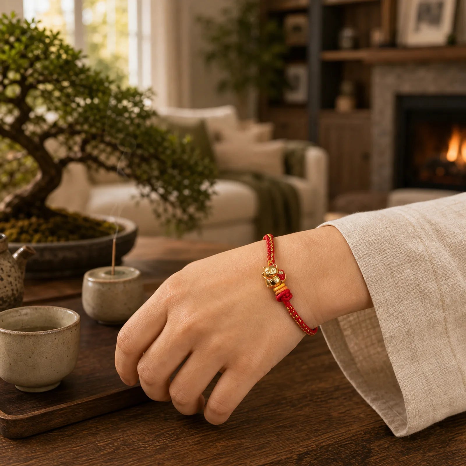 Cat Copper Red String Luck Bracelet featuring Copper, Red String