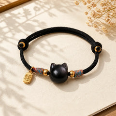 Cat Fu Character Silver Sheen Obsidian Pink Crystal String Protection Bracelet featuring Fu Character, Silver, Silver Sheen Obsidian
