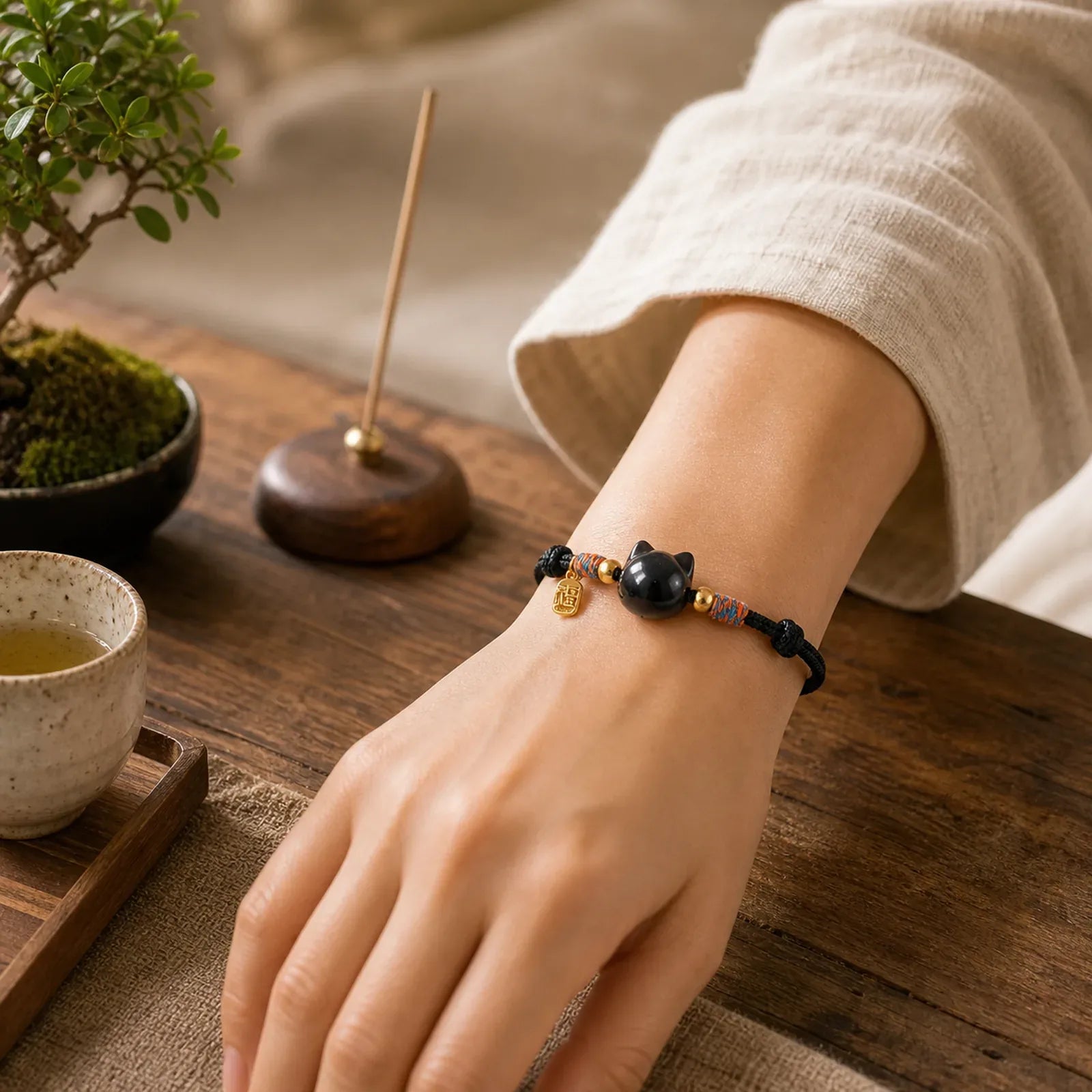 Cat Fu Character Silver Sheen Obsidian Pink Crystal String Protection Bracelet featuring Fu Character, Silver, Silver Sheen Obsidian