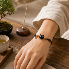 Cat Fu Character Silver Sheen Obsidian Pink Crystal String Protection Bracelet featuring Fu Character, Silver, Silver Sheen Obsidian