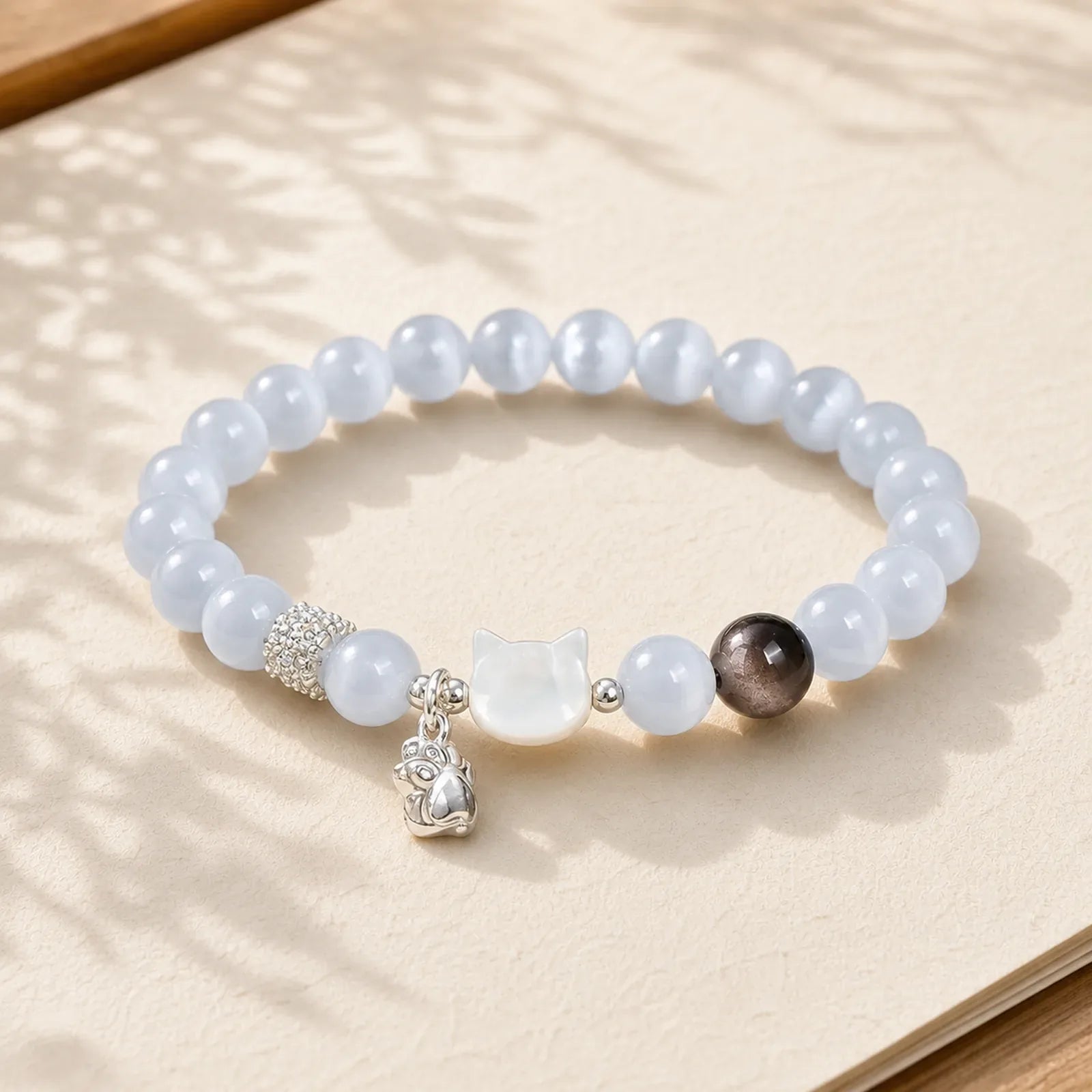 Cat Head White Cat's Eye Silver Sheen Obsidian Positive Bracelet featuring White Cat's Eye, Cat's Eye / Chrysoberyl, Silver