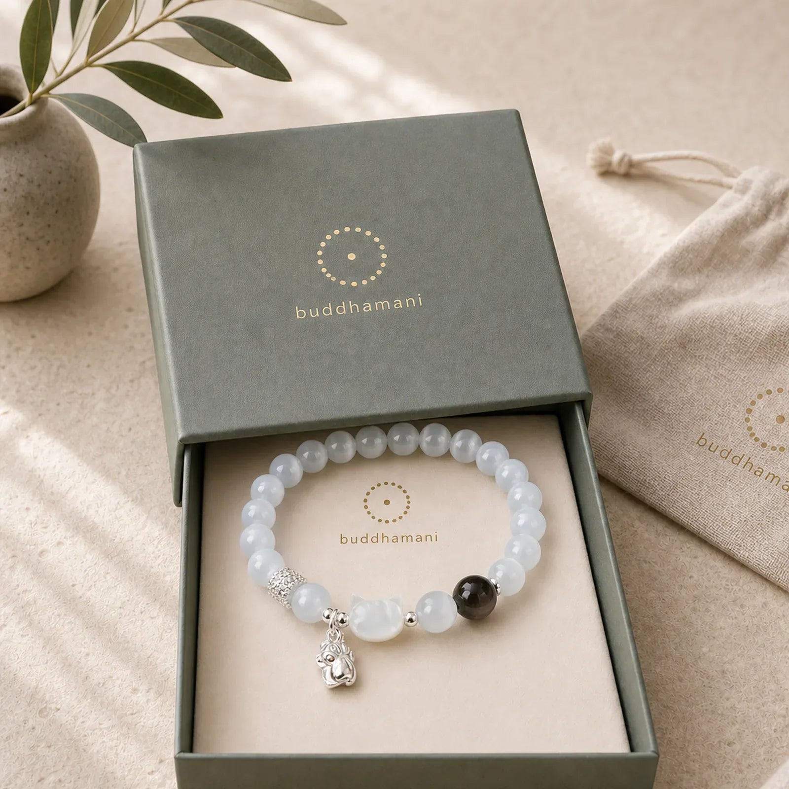 Cat Head White Cat's Eye Silver Sheen Obsidian Positive Bracelet featuring White Cat's Eye, Cat's Eye / Chrysoberyl, Silver