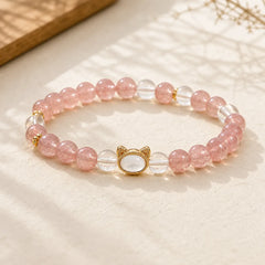 Cat Natural Strawberry Quartz White Crystal Bead Healing Bracelet featuring Strawberry Quartz, Clear Quartz / White Crystal
