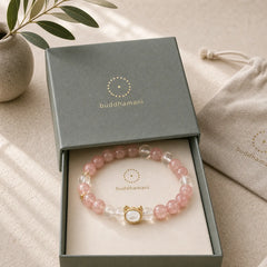 Cat Natural Strawberry Quartz White Crystal Bead Healing Bracelet featuring Strawberry Quartz, Clear Quartz / White Crystal