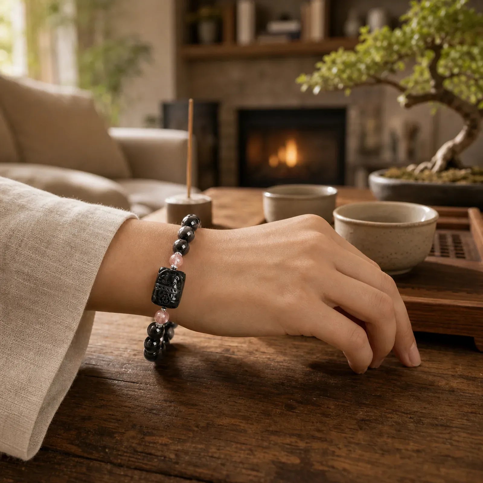 Cat Silver Sheen Obsidian Strawberry Quartz Protection Bracelet featuring Silver, Silver Sheen Obsidian, Obsidian