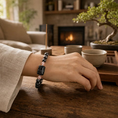 Cat Silver Sheen Obsidian Strawberry Quartz Protection Bracelet featuring Silver, Silver Sheen Obsidian, Obsidian