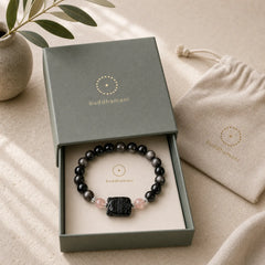 Cat Silver Sheen Obsidian Strawberry Quartz Protection Bracelet featuring Silver, Silver Sheen Obsidian, Obsidian