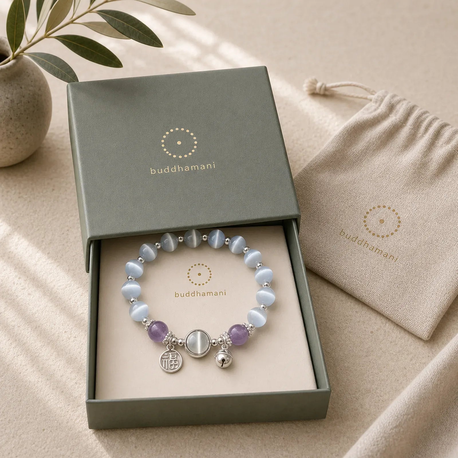 Cat's Eye Amethyst Fu Character Bell Charm Support Bracelet featuring Cat's Eye / Chrysoberyl, Amethyst, Fu Character
