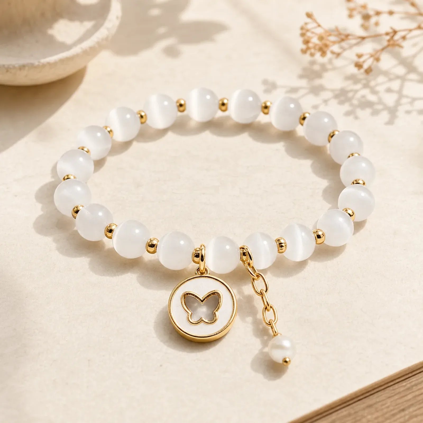 Cat's Eye Butterfly Charm Love Bracelet featuring Cat's Eye / Chrysoberyl, Butterfly, Feng Shui Butterfly