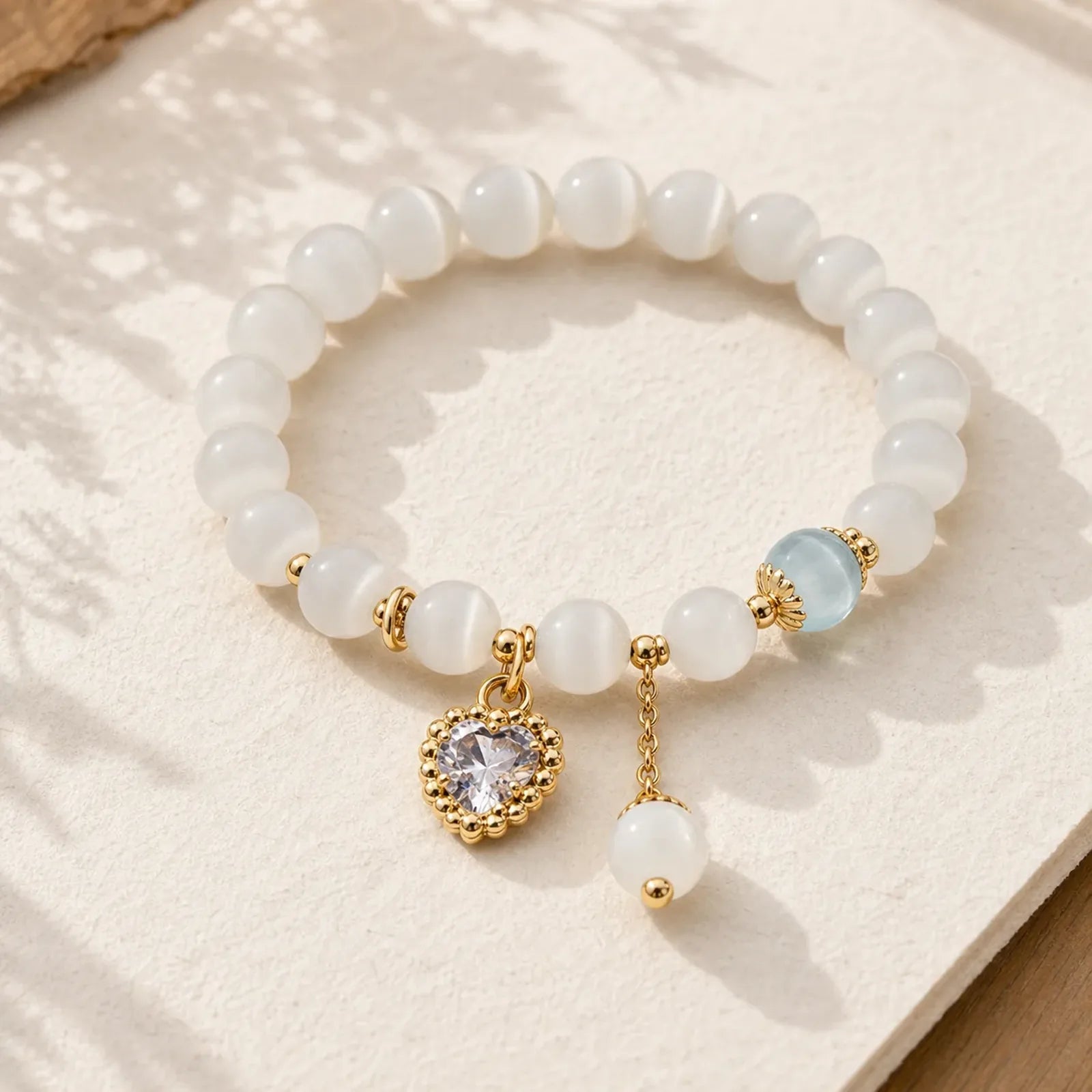 Cat's Eye Crystal Heart Zircon Charm Peace Love Bracelet featuring Cat's Eye / Chrysoberyl, Blue Crystal, Copper