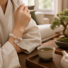 Cat's Eye Crystal Lucky Four Leaf Clover Charm Love Bracelet featuring Cat's Eye / Chrysoberyl, Copper