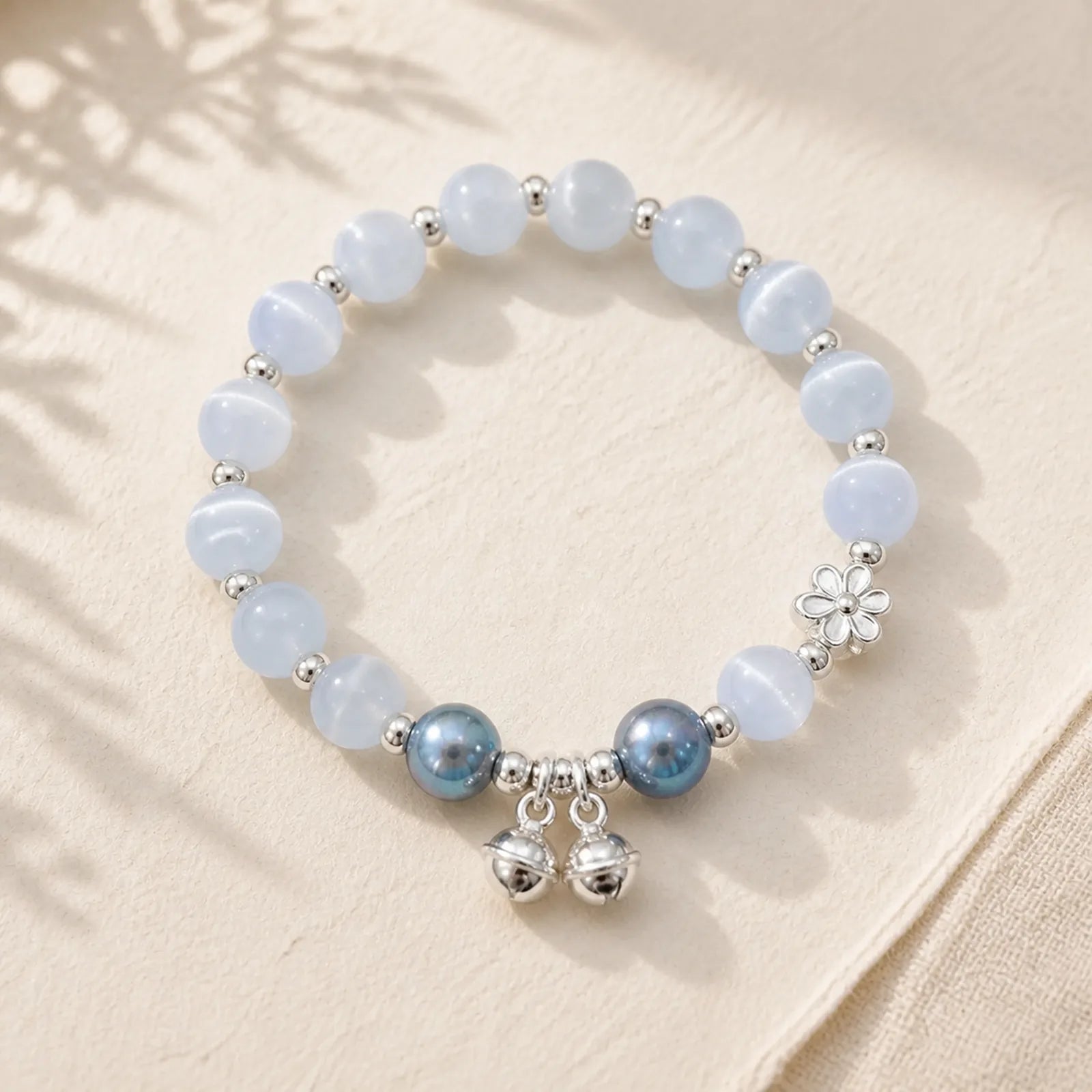Cat's Eye Crystal Peach Blossom Bell Fu Character Charm Support Bracelet featuring Cat's Eye / Chrysoberyl, Fu Character, Moonstone