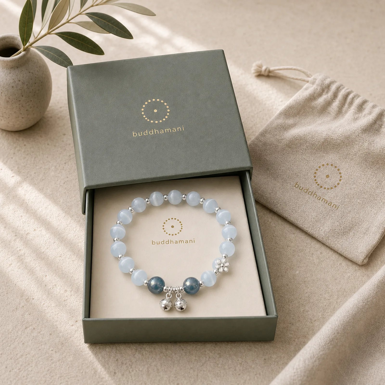 Cat's Eye Crystal Peach Blossom Bell Fu Character Charm Support Bracelet featuring Cat's Eye / Chrysoberyl, Fu Character, Moonstone
