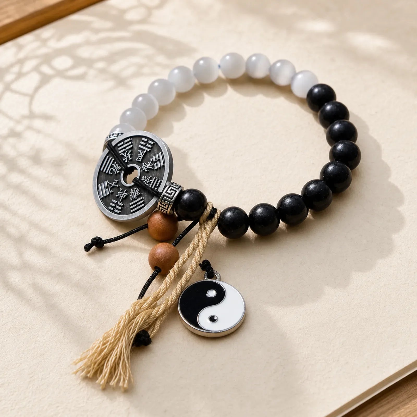 Cat's Eye Ebony Wood Yin Yang Bagua Coin Support Rope Bracelet featuring Cat's Eye / Chrysoberyl, Ebony Wood, Ebony