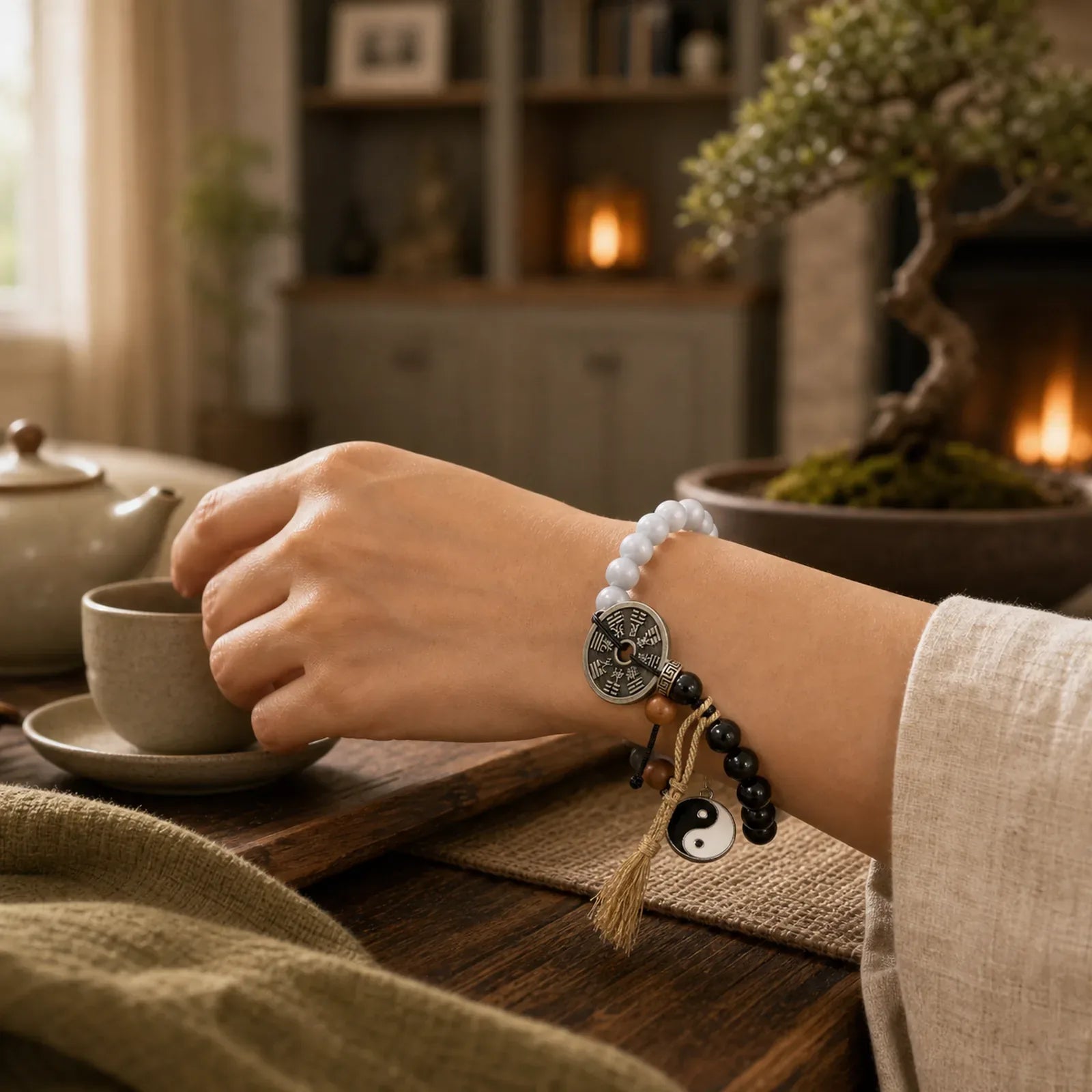 Cat's Eye Ebony Wood Yin Yang Bagua Coin Support Rope Bracelet featuring Cat's Eye / Chrysoberyl, Ebony Wood, Ebony