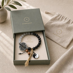 Cat's Eye Ebony Wood Yin Yang Bagua Coin Support Rope Bracelet featuring Cat's Eye / Chrysoberyl, Ebony Wood, Ebony