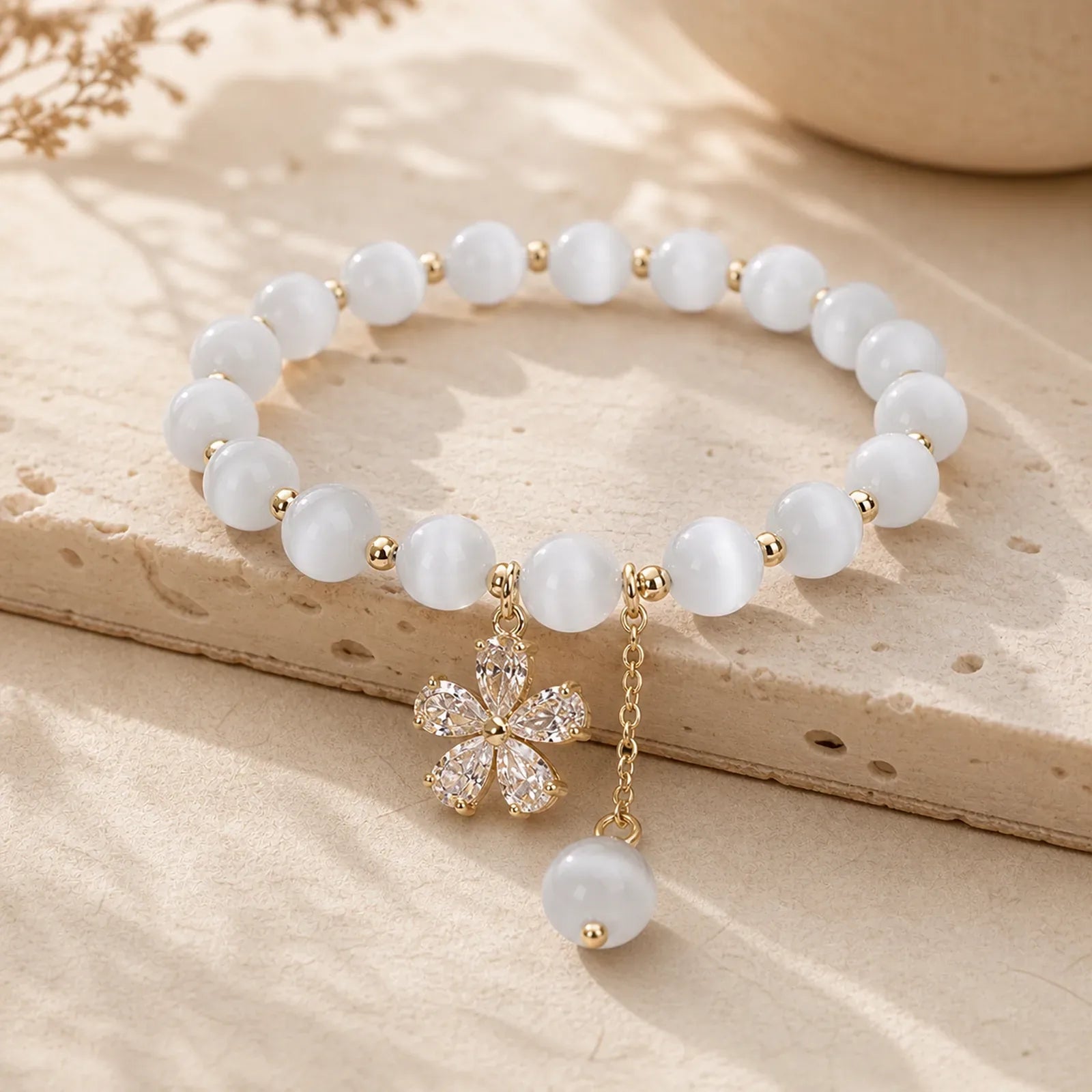 Cat's Eye Flower Charm Peace Support Bracelet featuring Cat's Eye / Chrysoberyl, Copper