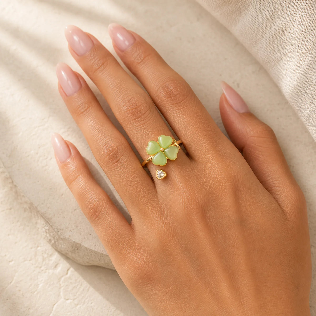 Cat's Eye Four Leaf Clover Zircon Love Rotatable Ring featuring Cat's Eye / Chrysoberyl, Copper