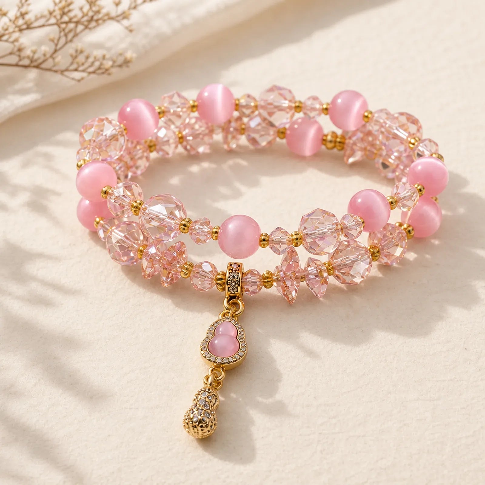 Cat's Eye Gourd Pendant Double Layer Beaded Bracelet featuring Cat's Eye / Chrysoberyl, Yellow Cat's Eye, Blue Cat's Eye
