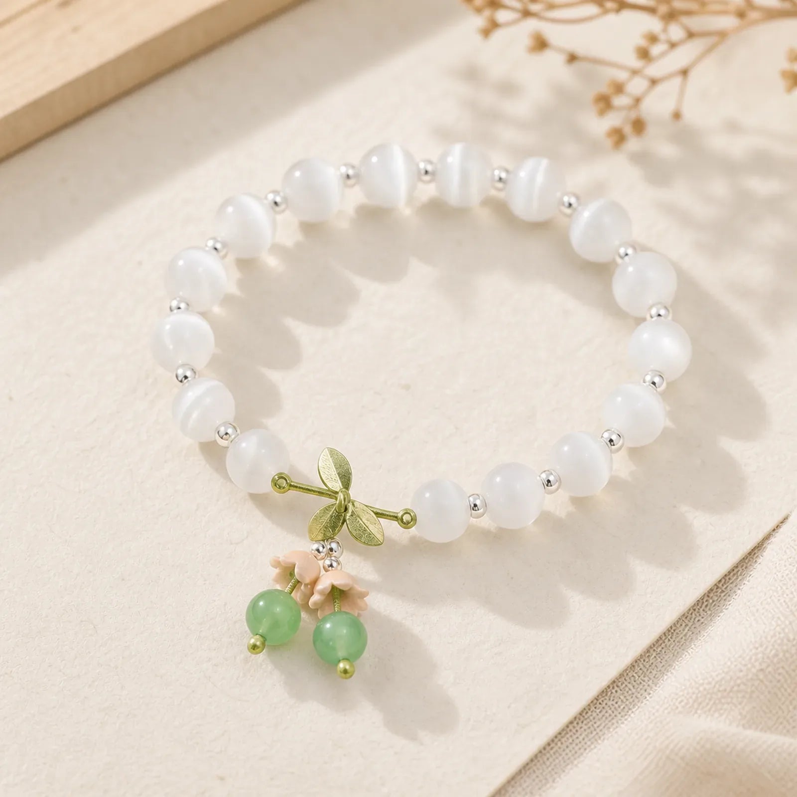 Cat's Eye Green Aventurine Blue Chalcedony Pink Crystal Peace Orchid Charm Bracelet featuring Cat's Eye / Chrysoberyl, Green Aventurine, Blue Chalcedony