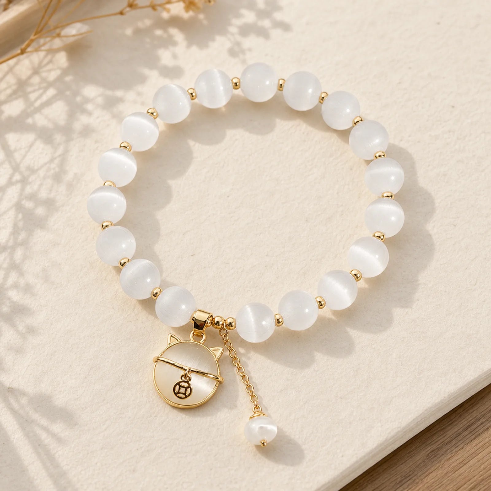 Cat's Eye Lovely Cat Pattern Pearl Love Charm Bracelet featuring Cat's Eye / Chrysoberyl, Pearl